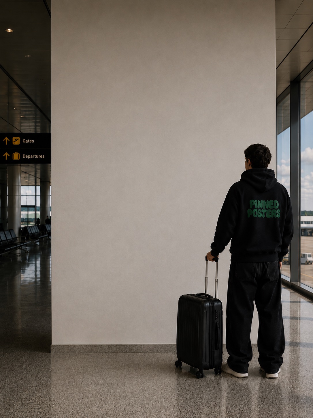 Person med resväska på en flygplats bredvid tre posterstorlekar uppmätta på väggen